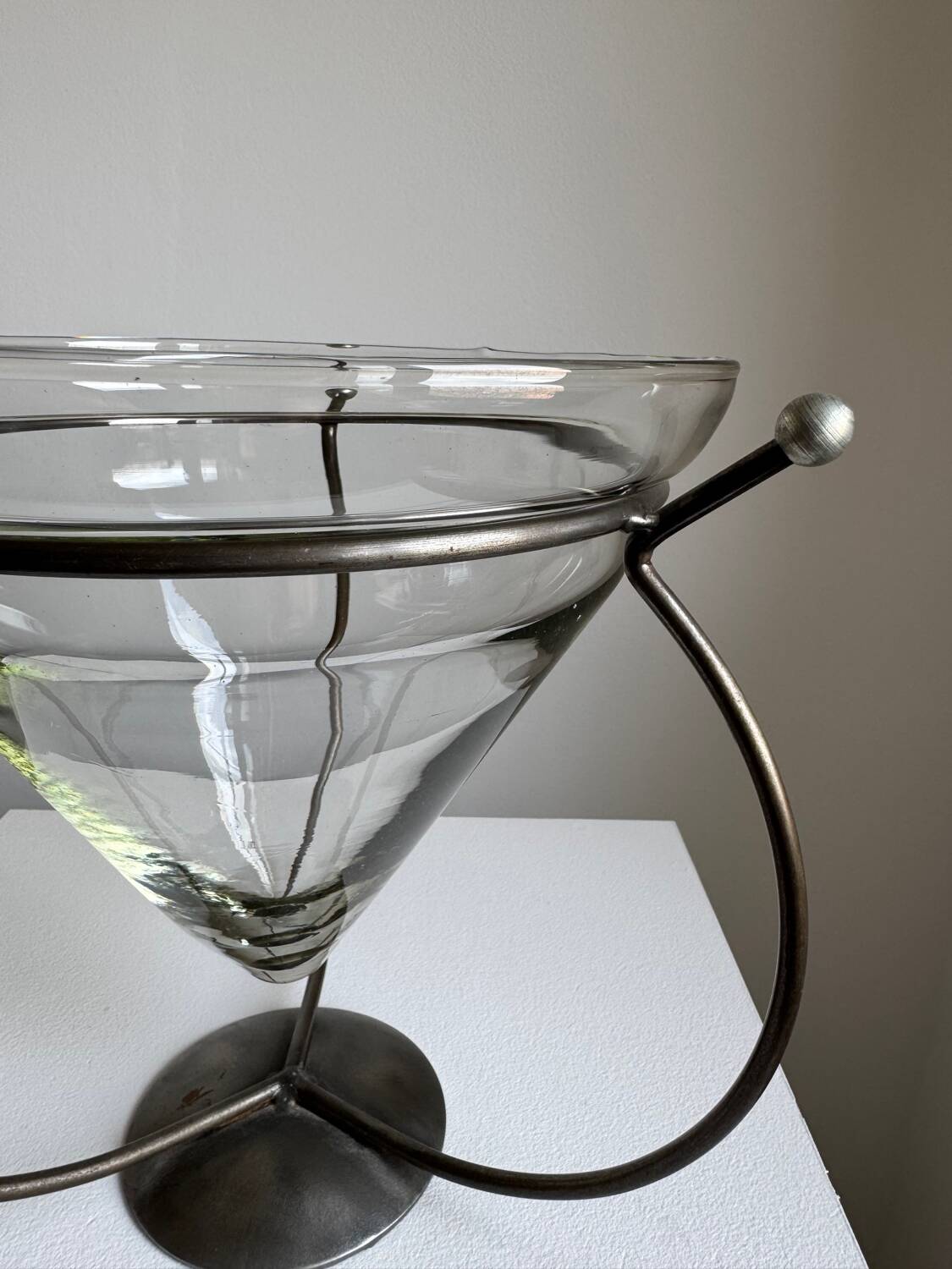 Vintage Modernist Large Clear Glass Vase/Decorative Piece With Metal