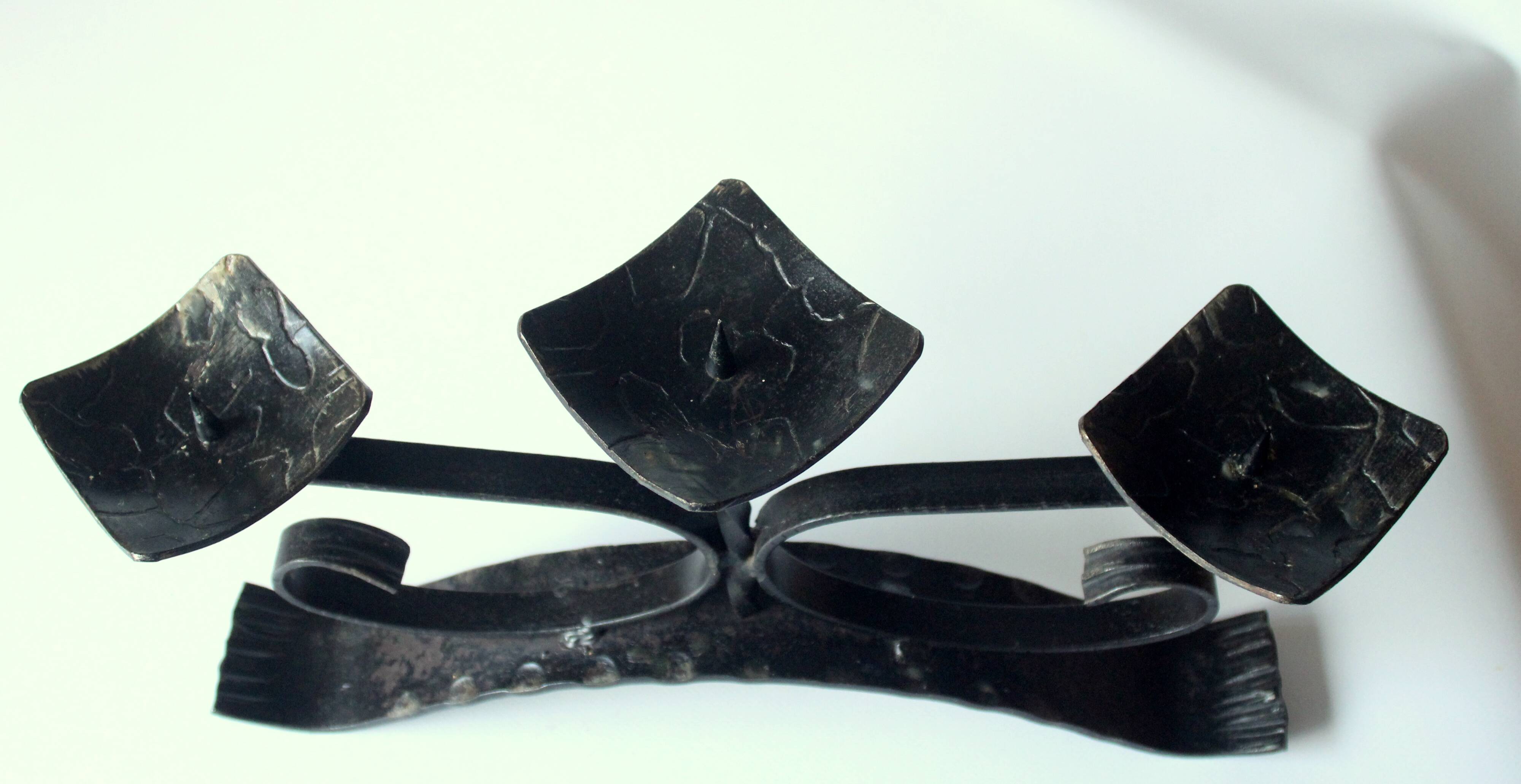 Handmade wrought iron candle holder, 3 arms, vintage