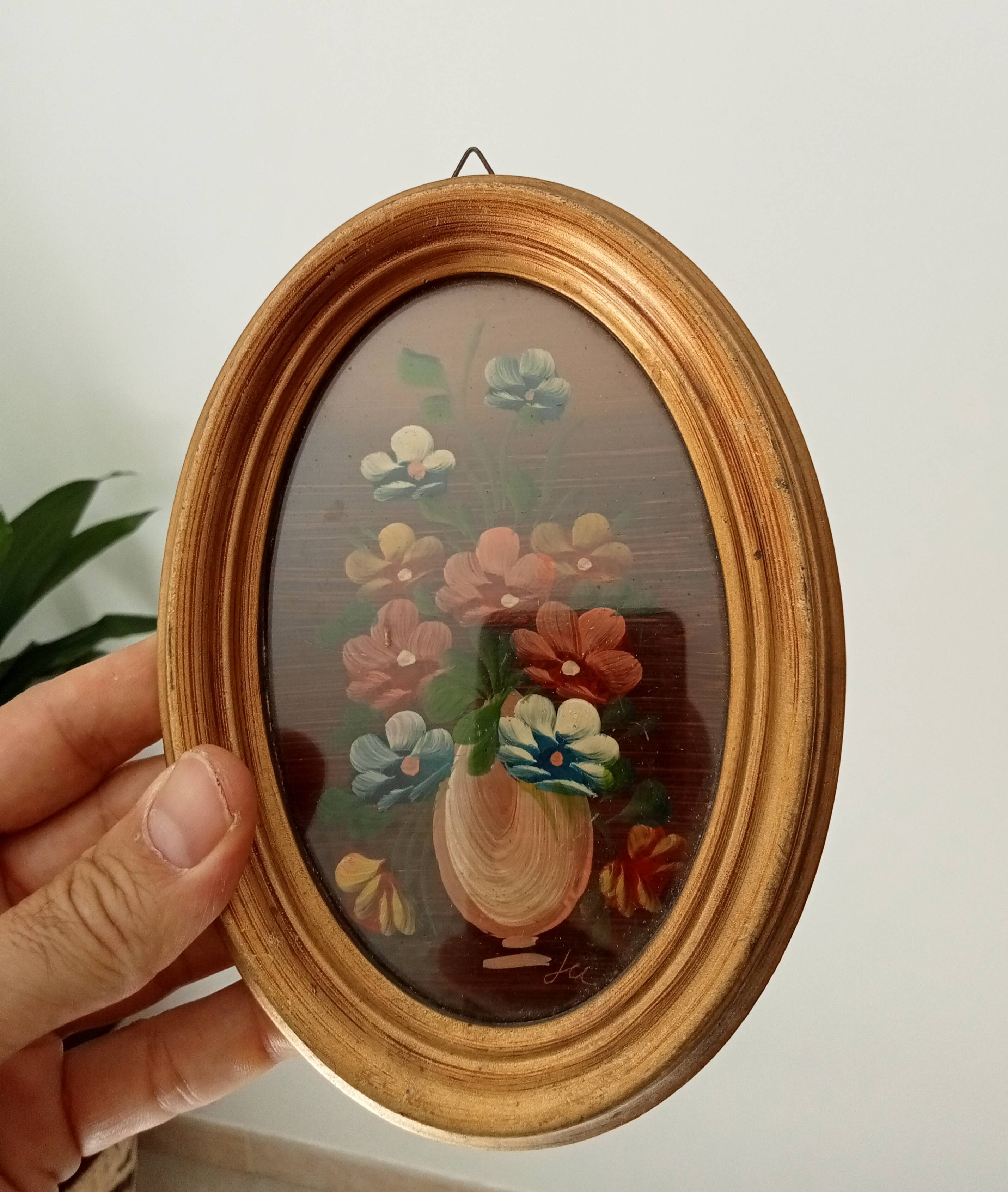 Vintage miniature painting oil painting under glass