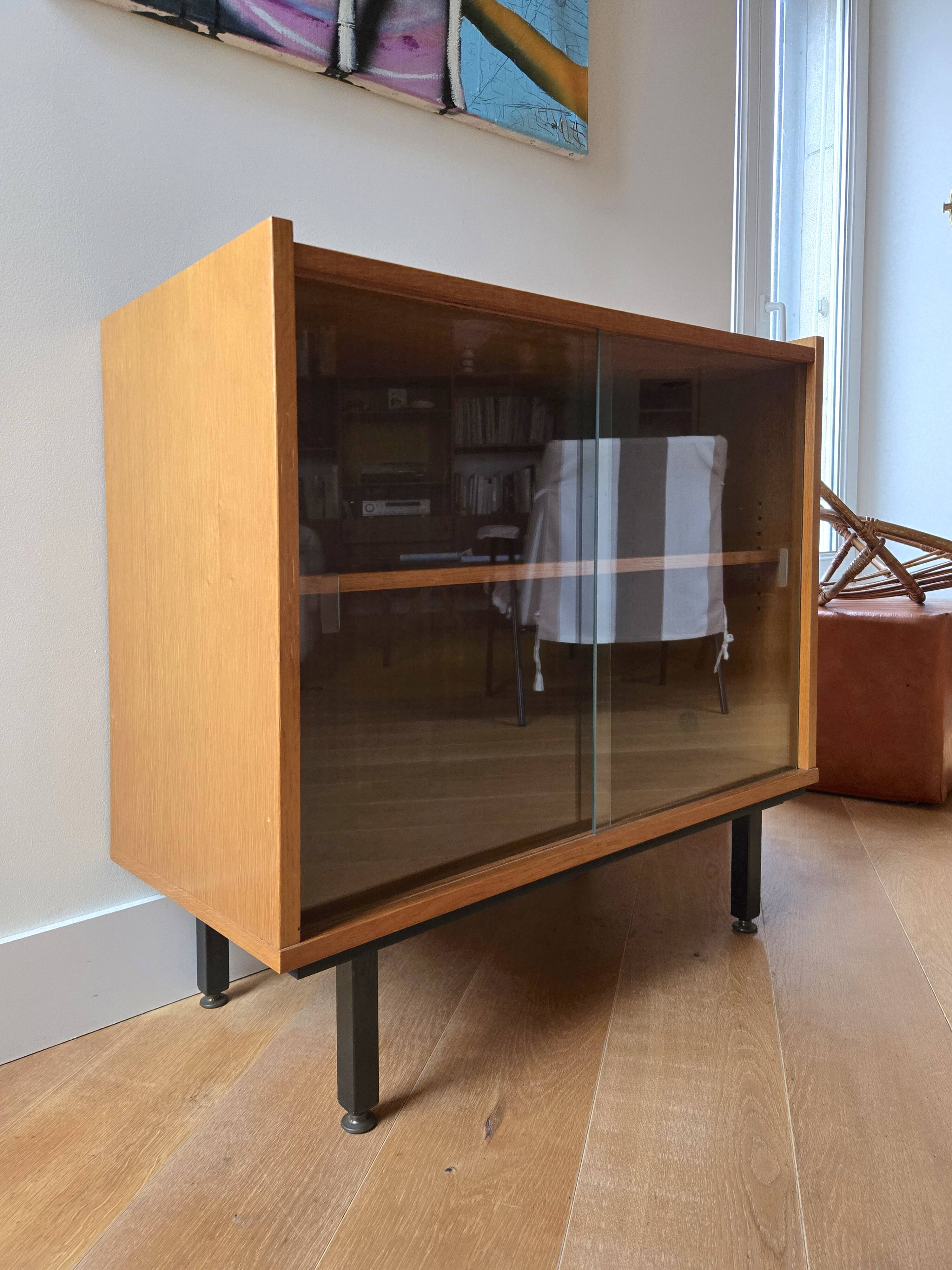 Low buffet or wooden display cabinet with sliding door - 1950s design