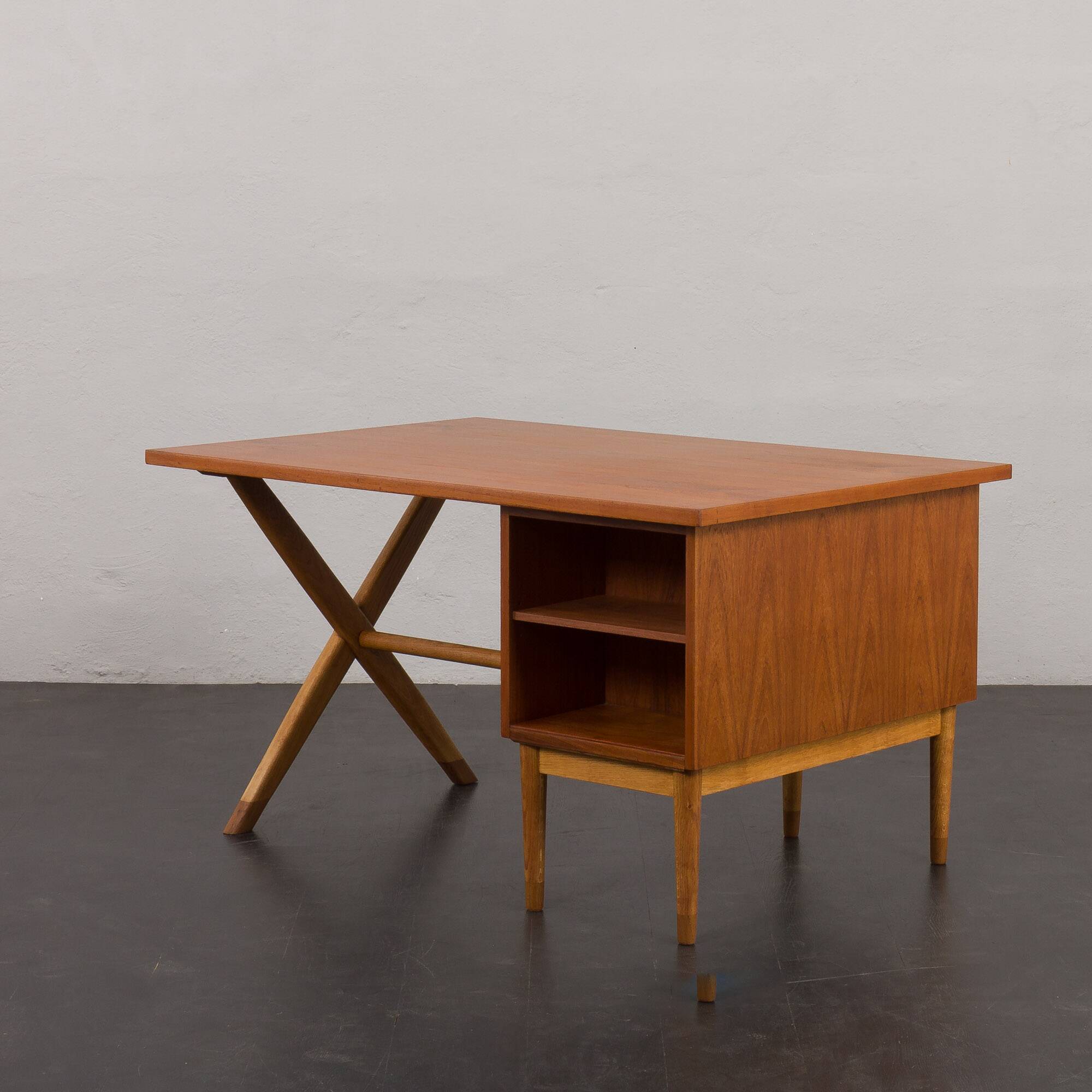 Teak and oak double-sided desk with X-shaped legs