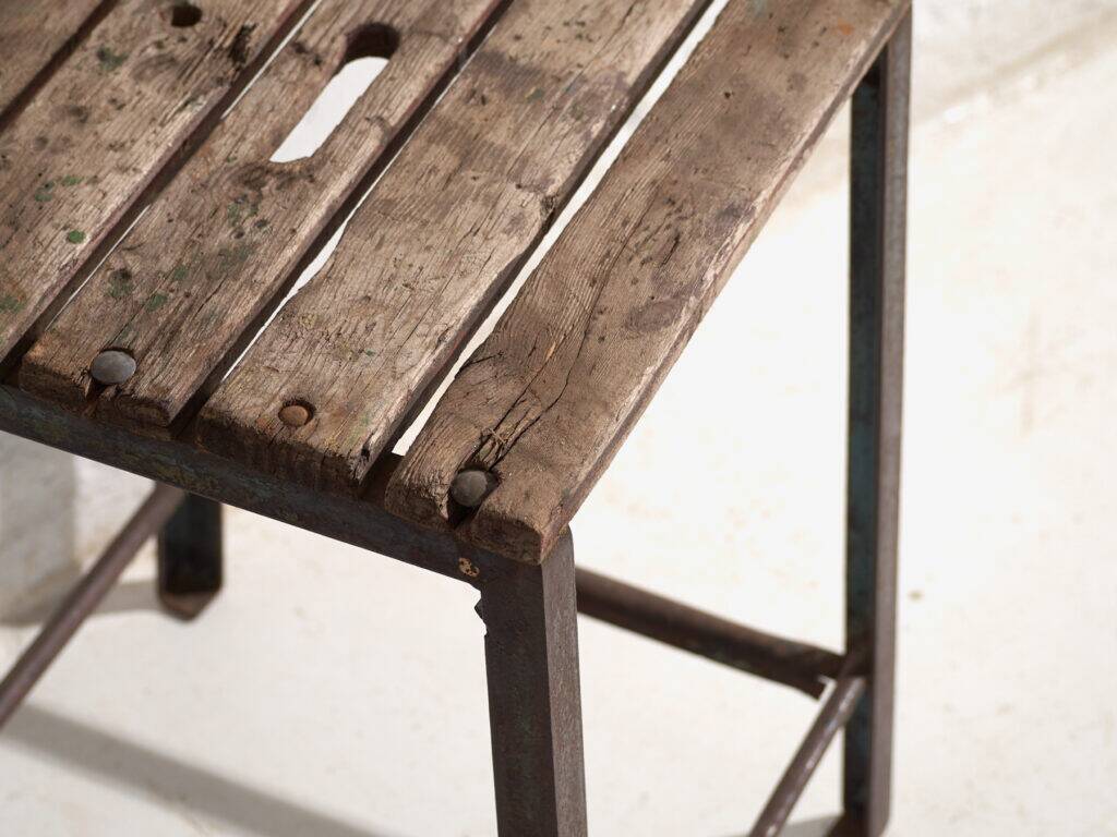 Vintage industrial stool made of pine wood and iron – Central Europe, around 1950
