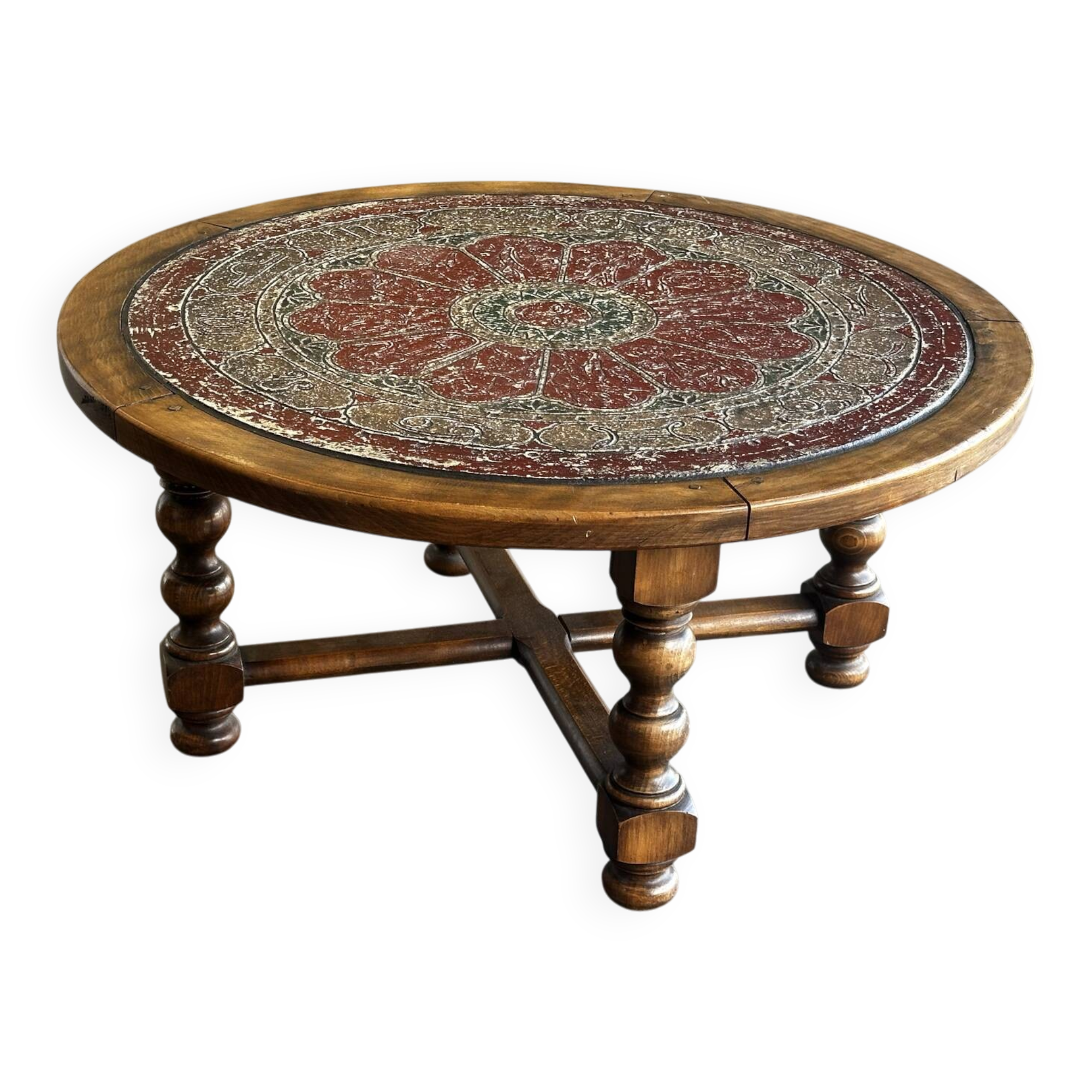 Vintage coffee table in turned wood and leather with astrological decoration.