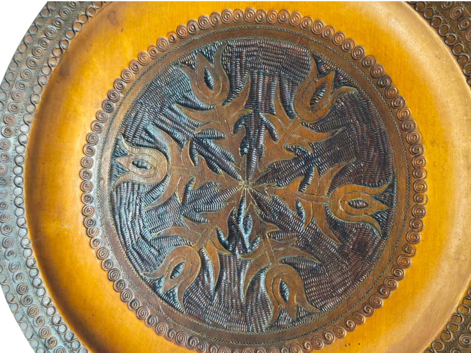 Vintage 1960s Hand-Carved Wooden Plate - Intricate Floral and Spiral