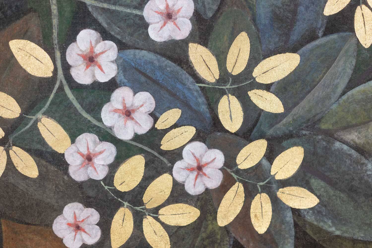 Painted canvas depicting a bird in a floral setting. Contemporary.