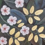 Painted canvas depicting a bird in a floral setting. Contemporary.