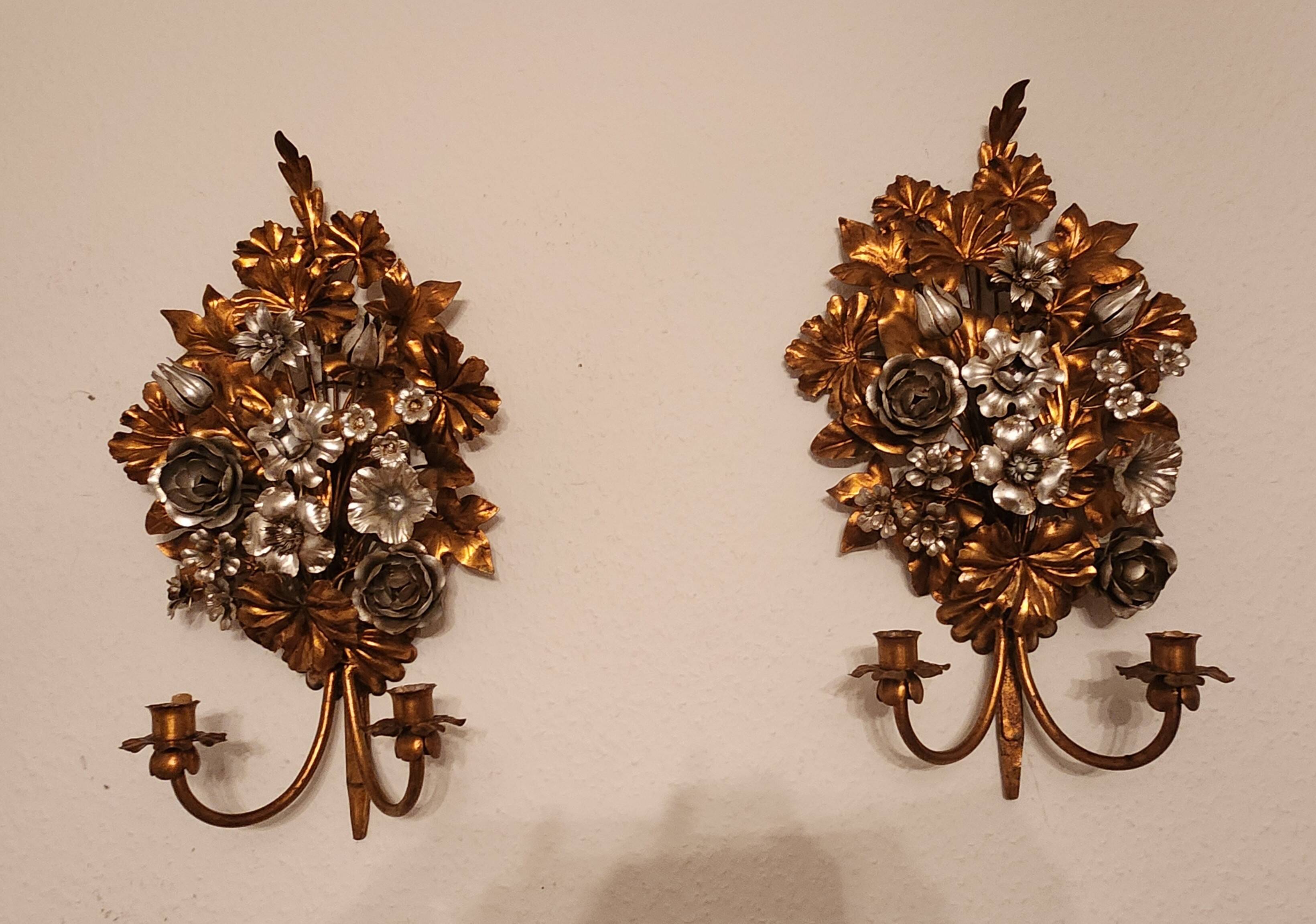 Hand-forged gilded silver-plated candle wall lamps by S. Salvadori