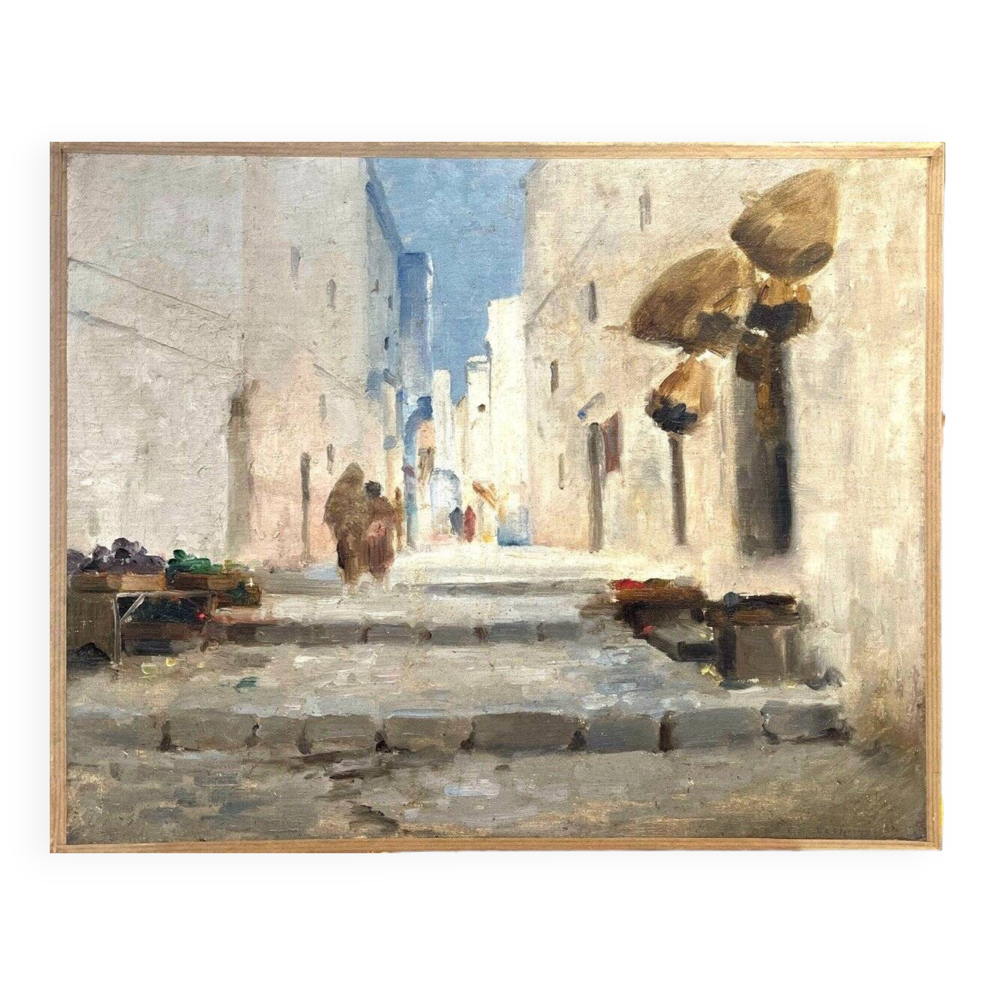 Vintage Orientalist painting – alley in the Maghreb – oil on canvas signed E