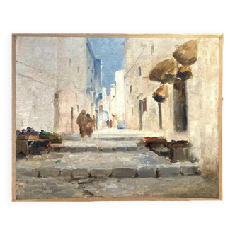 Vintage Orientalist painting – alley in the Maghreb – oil on canvas signed E