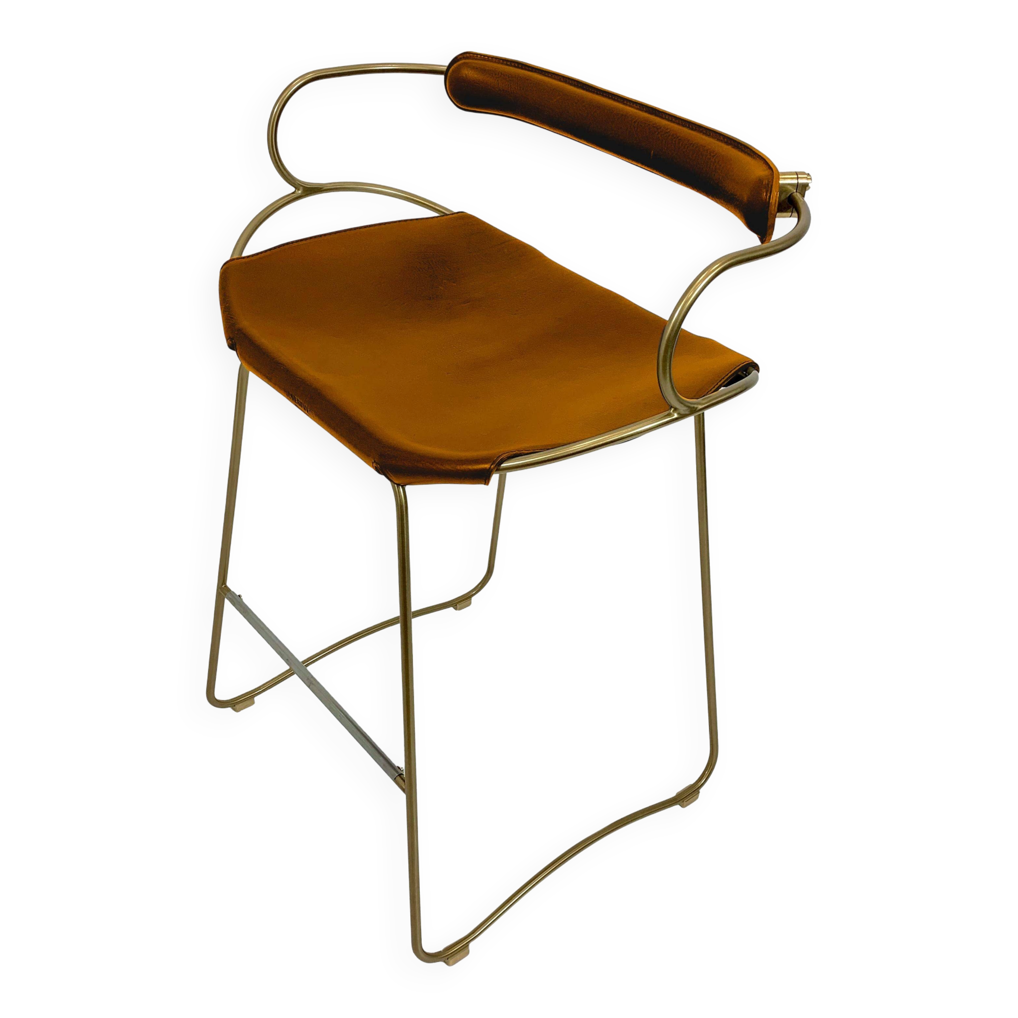 Kitchen Stool with Backrest Brass Steel Natural Tobacco Leather Modern