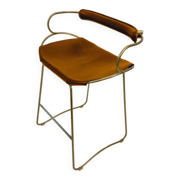 Tabouret de Cuisine avec Dossier Acier Laiton Cuir Naturel Tabac Moderne