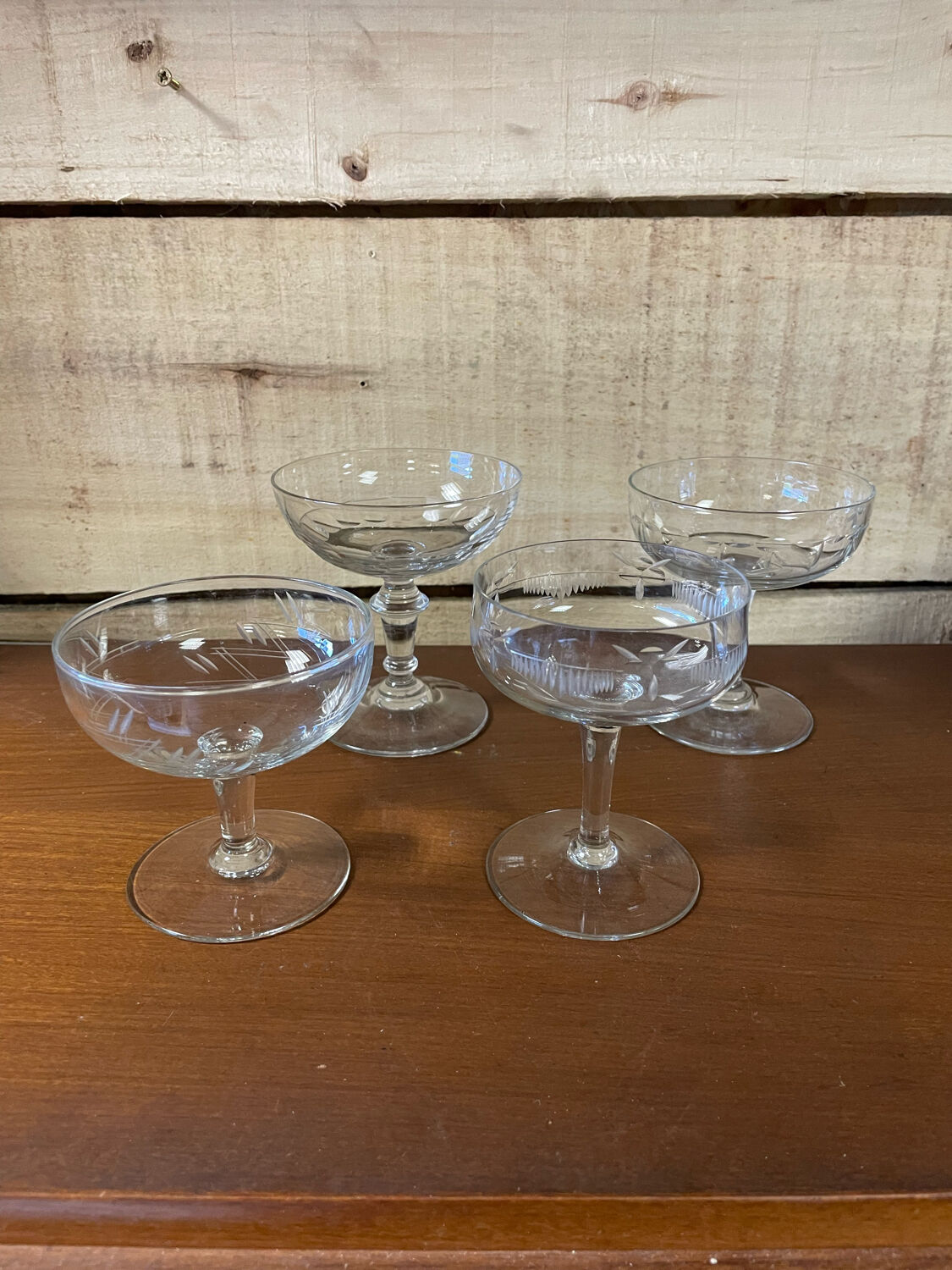 4 mismatched champagne glasses vintage cut crystal