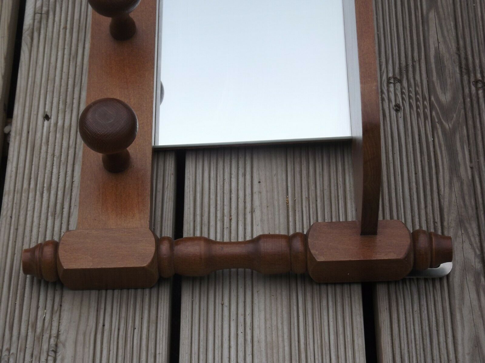 Vintage wooden wall coat rack with mirror and hooks, French, 3529