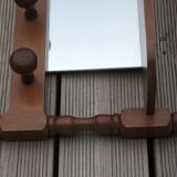 Vintage wooden wall coat rack with mirror and hooks, French, 3529