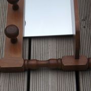 Vintage wooden wall coat rack with mirror and hooks, French, 3529