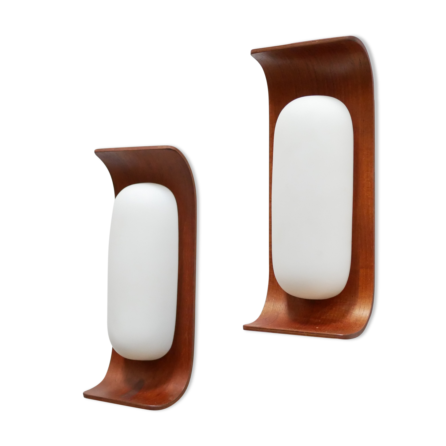 Pair of teak and opaline wall lamps by Goffredo Reggiani