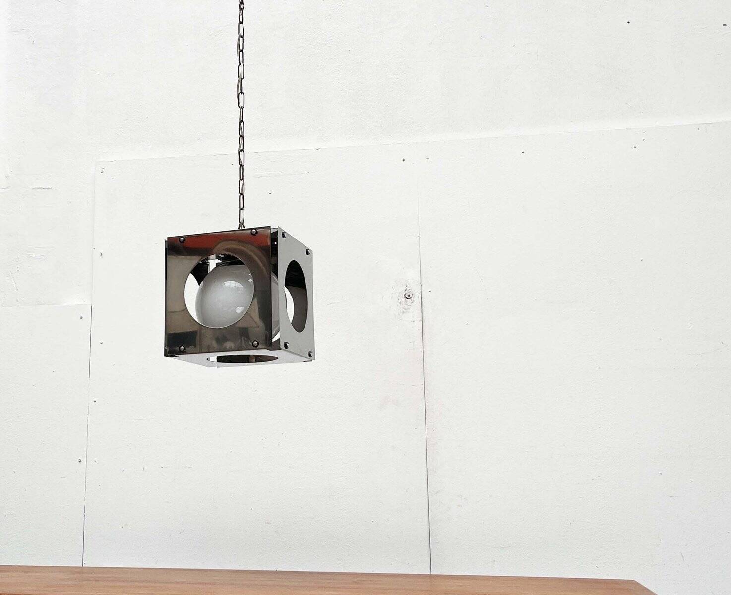 Metal and glass pendant lamp Cubo in Italian Space Age style from the mid-century by Tronconi, 1960s.