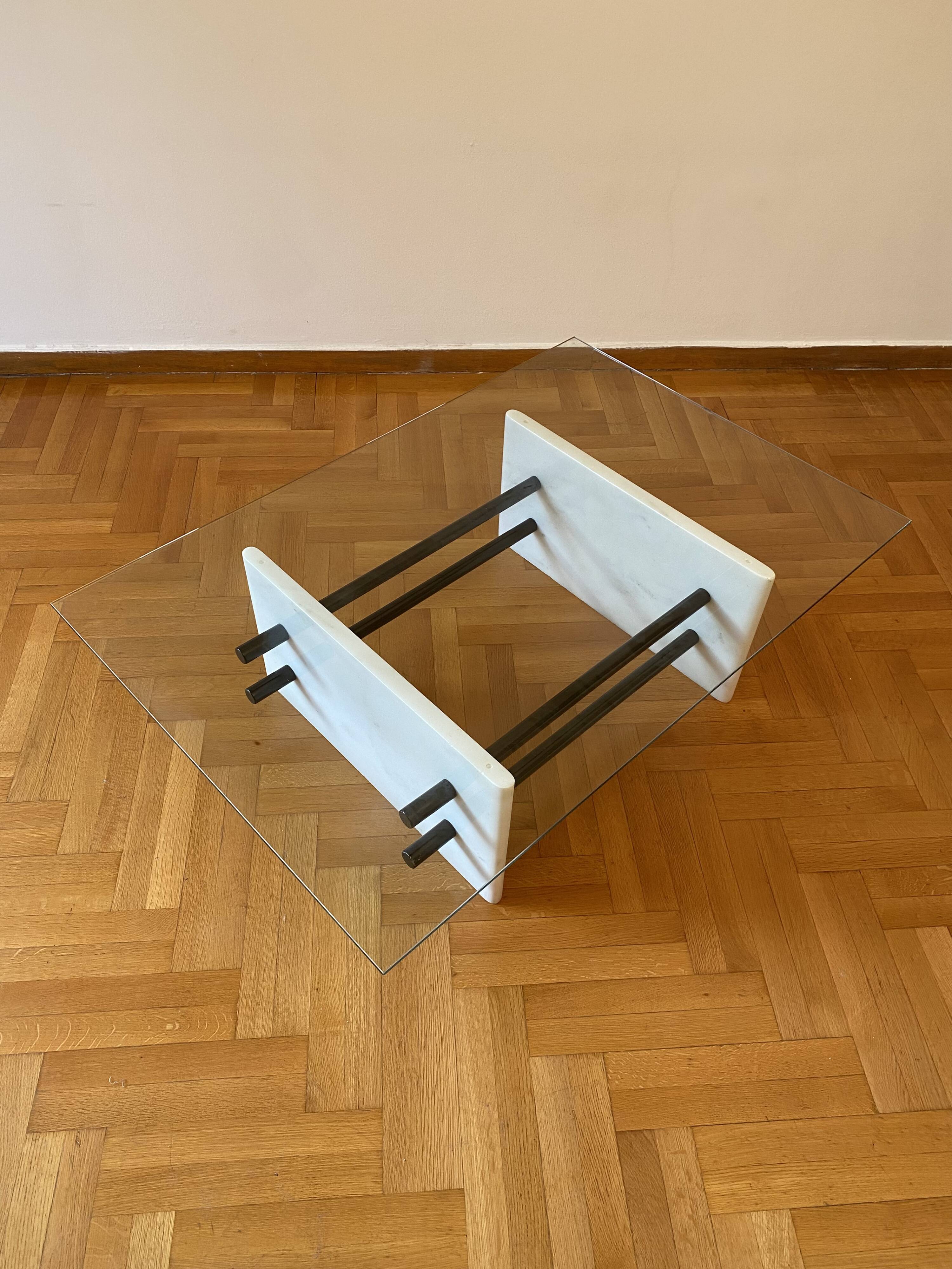 1980s White Marble Rectangular Coffee Table Postmodern Glass
