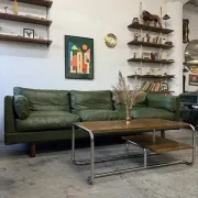 Olive leather sofa, Denmark, 1960s/70s, vintage mid-century modern
