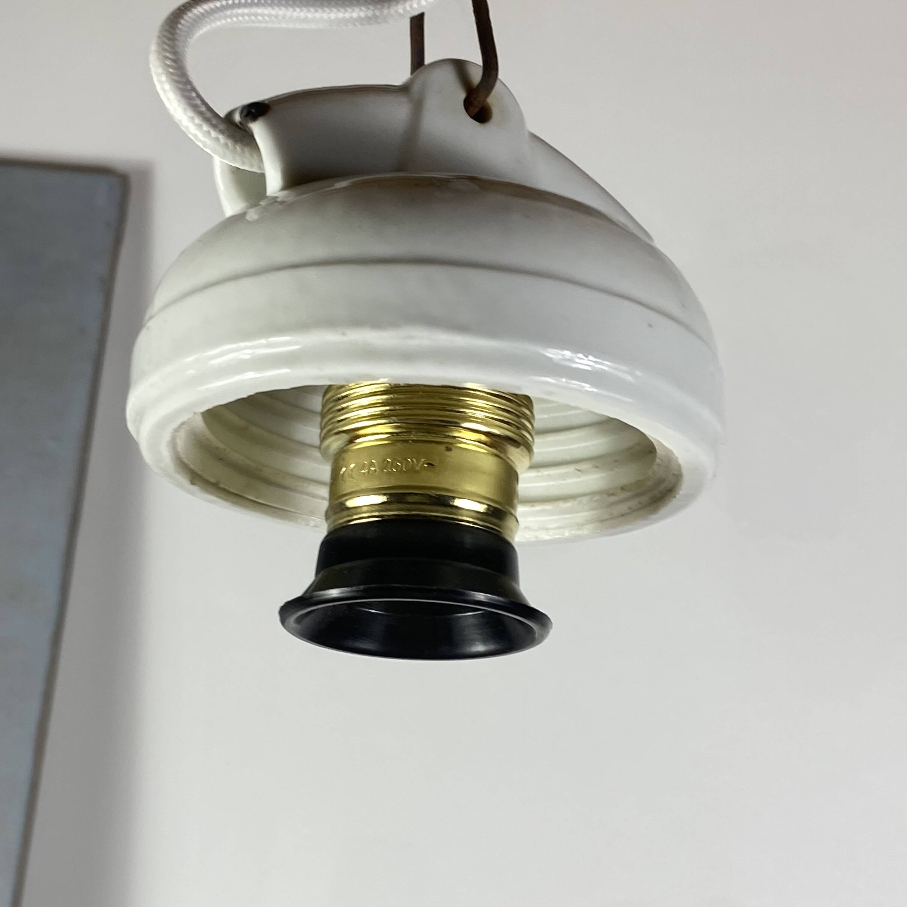 Industrial suspension in white glass and porcelain, vintage model.