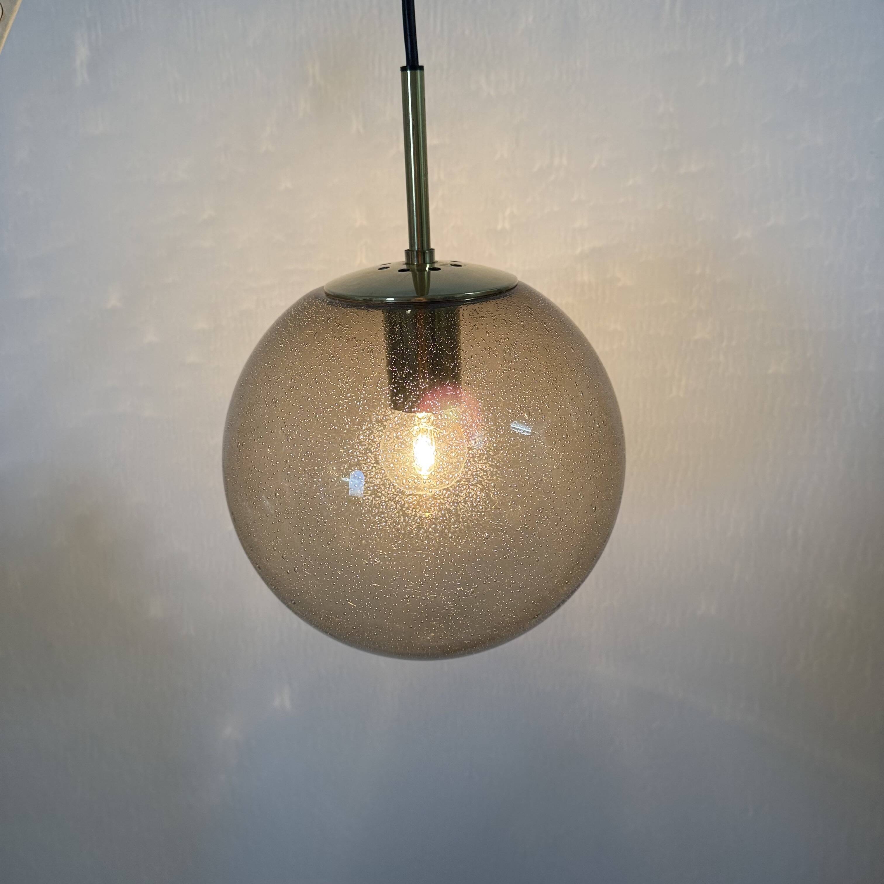 Limburg Glashütte brass smoked glass ball pendant hanging lamp , 1970s