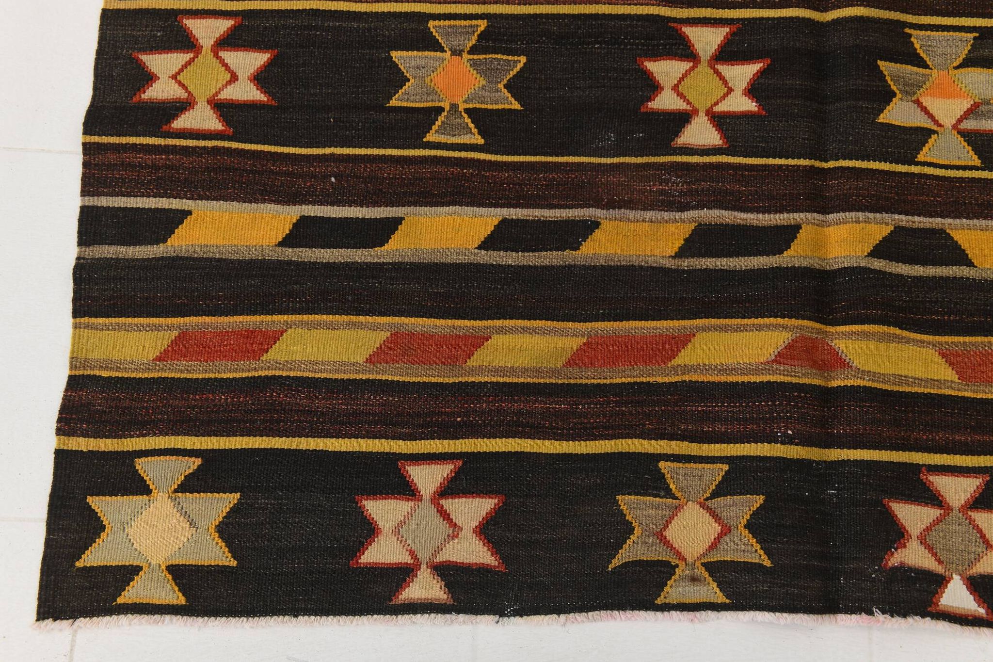 6x10 Black & Yellow Turkish Wool Kilim Rug,Area Kilim Rug 170x312 Cm