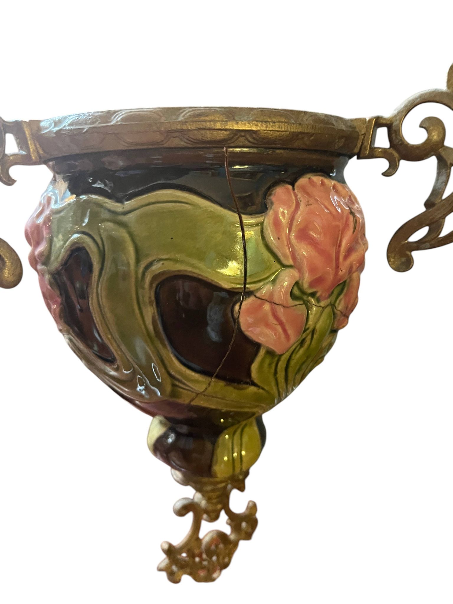 Art Nouveau suspension, rising and falling, in slipware, around 1900.