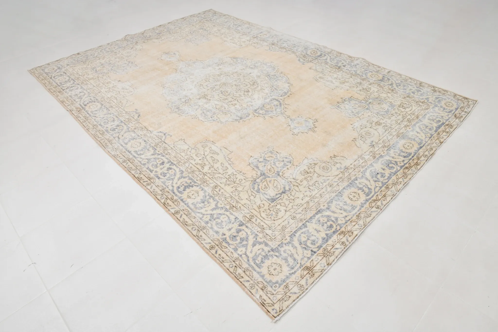 Turkish Pale Yellow & Pale Blue Vintage Rug, Oriental Pattern Wool Carpet