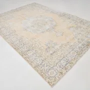 Turkish Pale Yellow & Pale Blue Vintage Rug, Oriental Pattern Wool Carpet