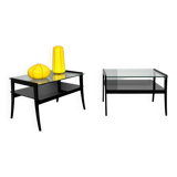 Pair of bedside tables, bedside consoles, black lacquer with glass tops, Italy, 1970s