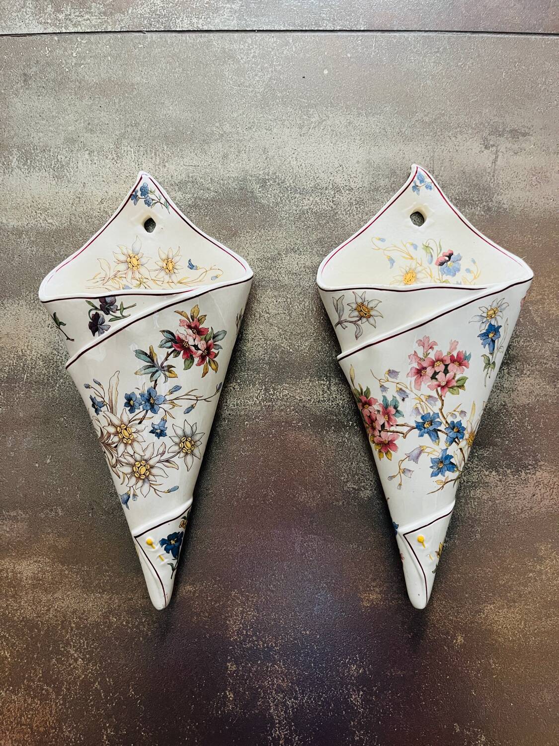 Pair of large bouquet vases, earthenware from Sarreguemines, Righi model.