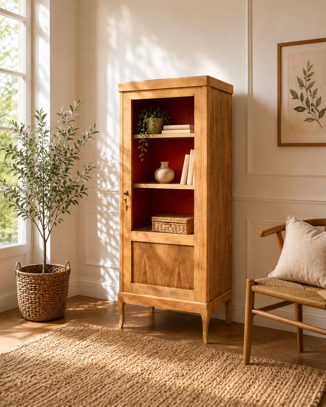Armoire vitrée vintage bois brut 1950