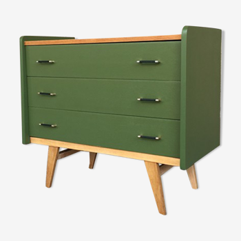 Vintage chest of drawers 3 drawers, feet solid oak, restored, green bancha