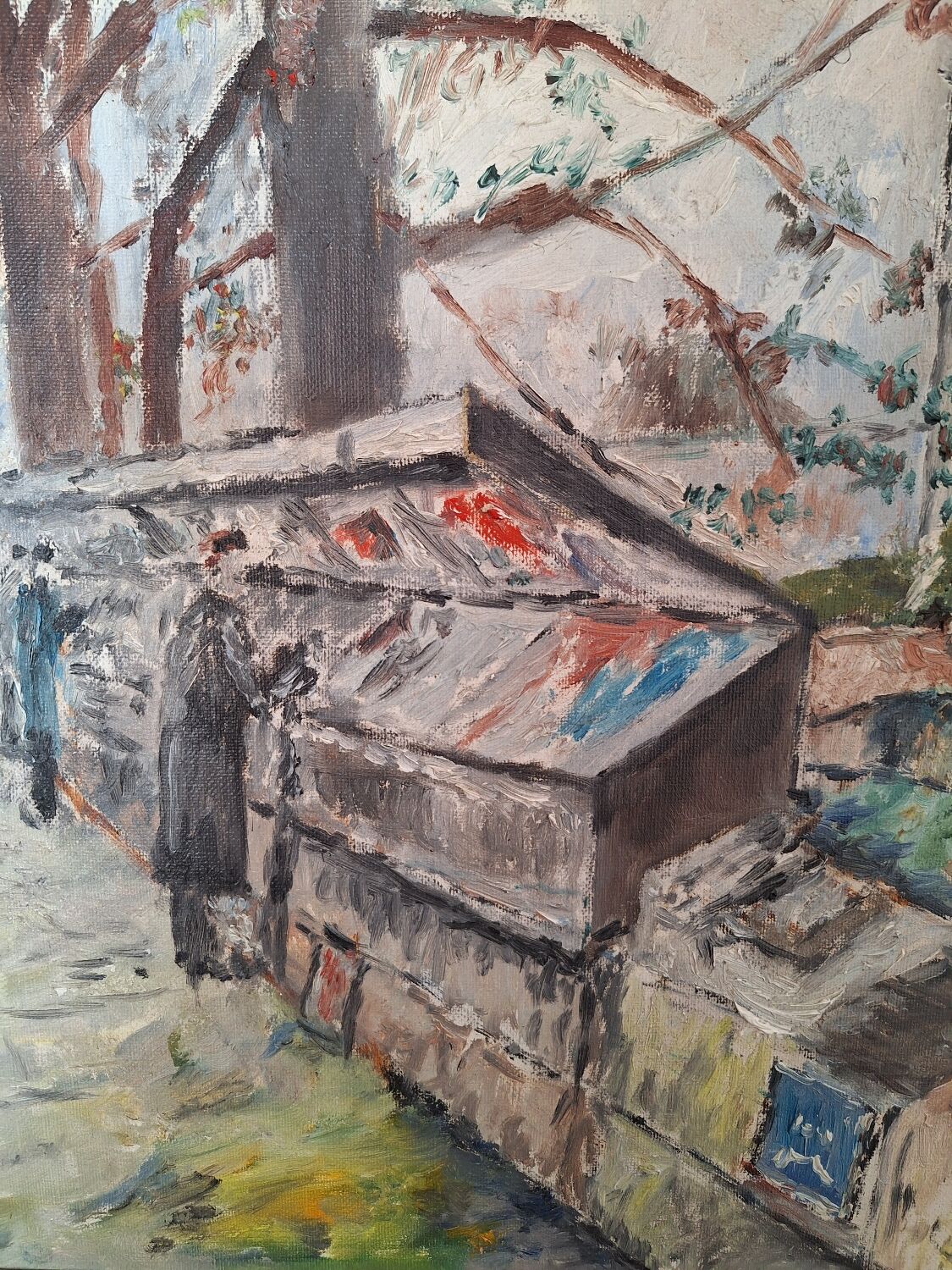 Oil painting depicting the Quai de Seine and booksellers.