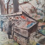 Oil painting depicting the Quai de Seine and booksellers.