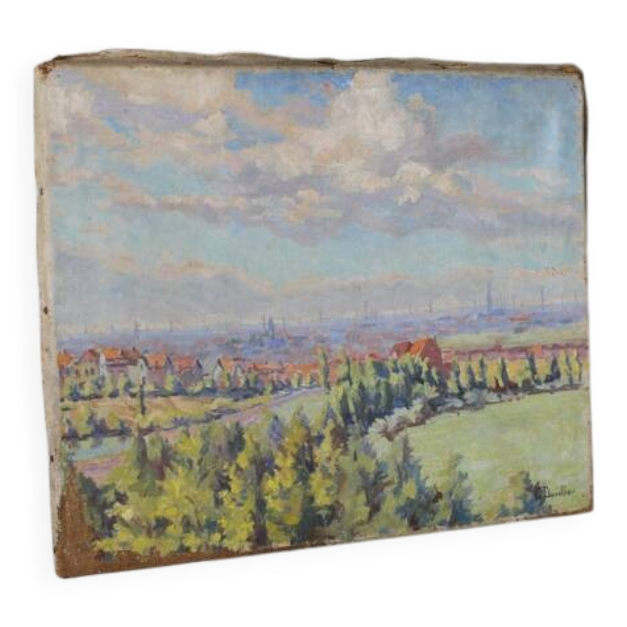 Georges Duvillier landscape "Between town and countryside" oil on canvas signed