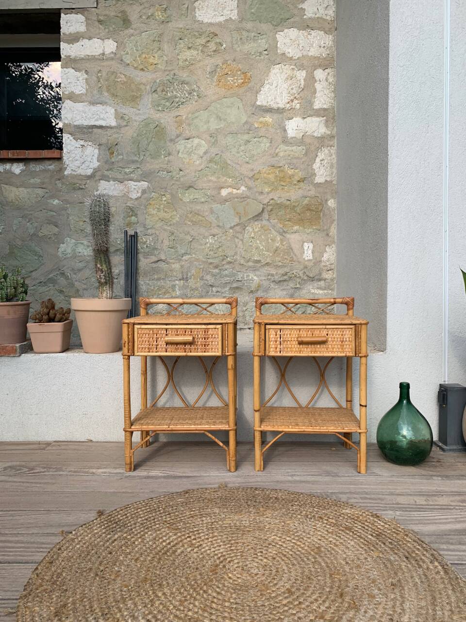 Paire de chevets rotin vintage