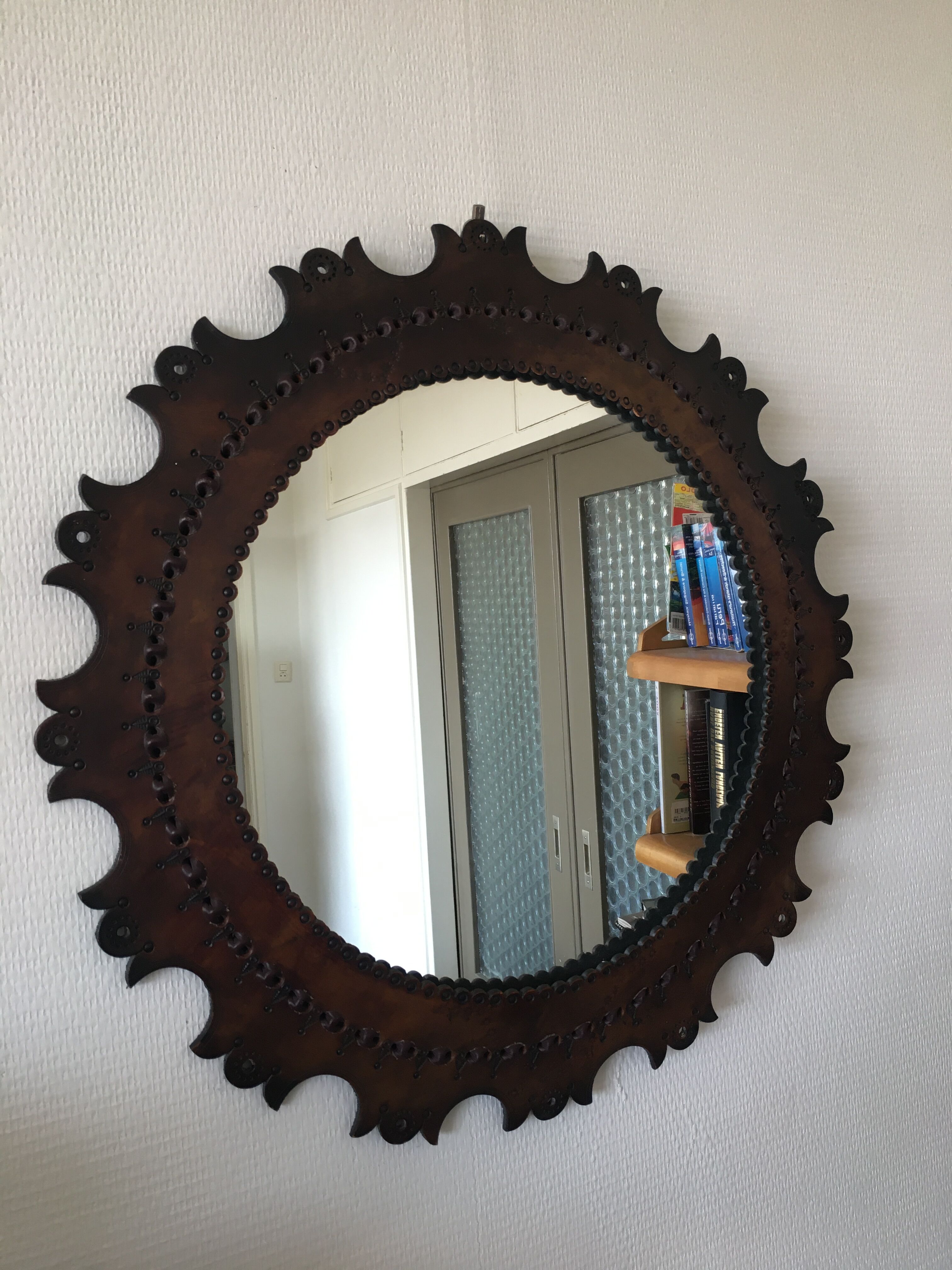 Round leather mirror, 1960s