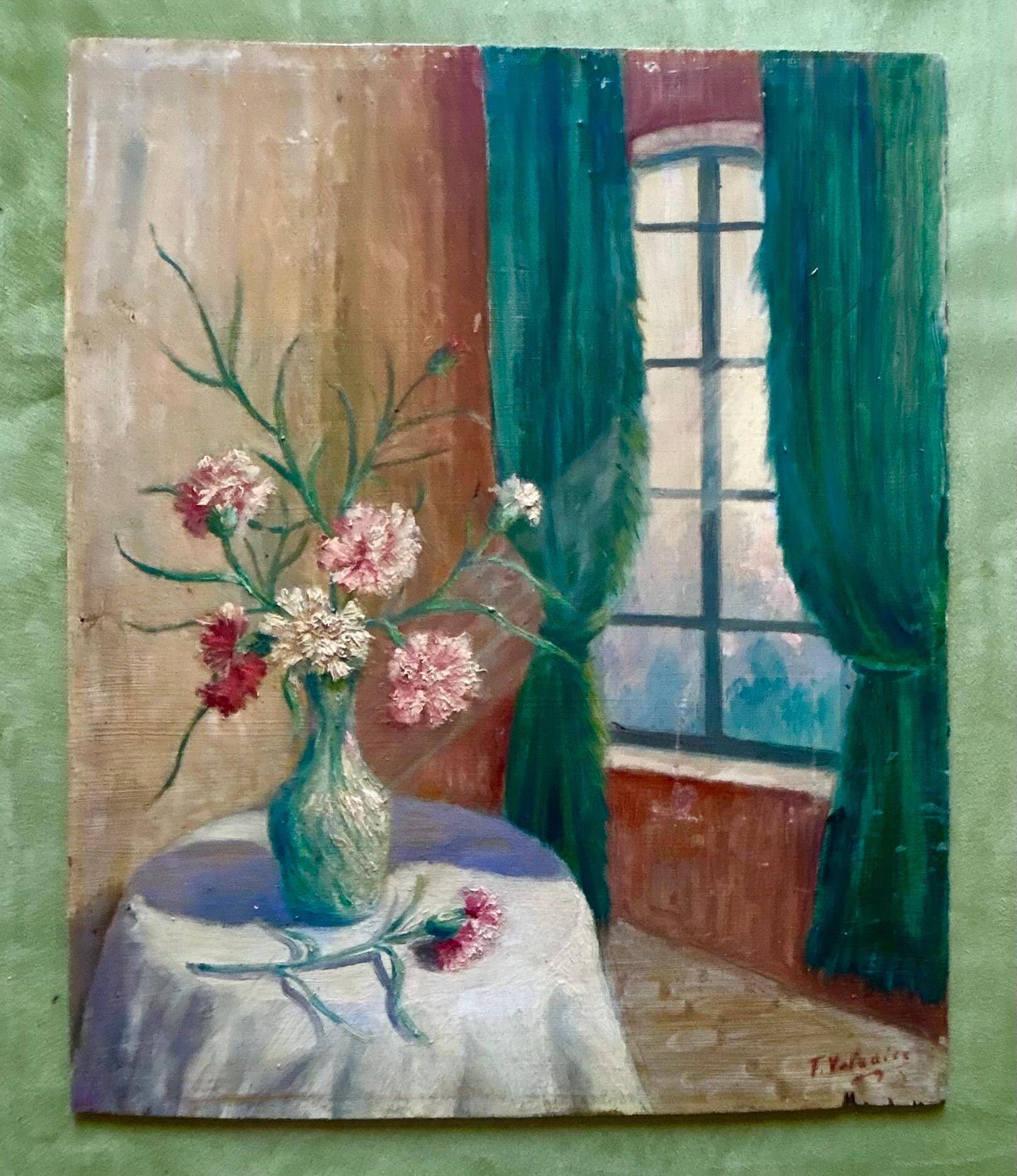 1920s French Still Life Oil Painting – Red Roses on Panel – Vintage Floral