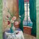 Nature morte française des années 1920 – Peinture à l'huile – Roses rouges sur panneau – Motif floral vintage