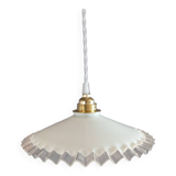 White opaline pendant light with transparent serrated edges, 1930/50