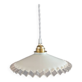 White opaline pendant light with transparent serrated edges, 1930/50