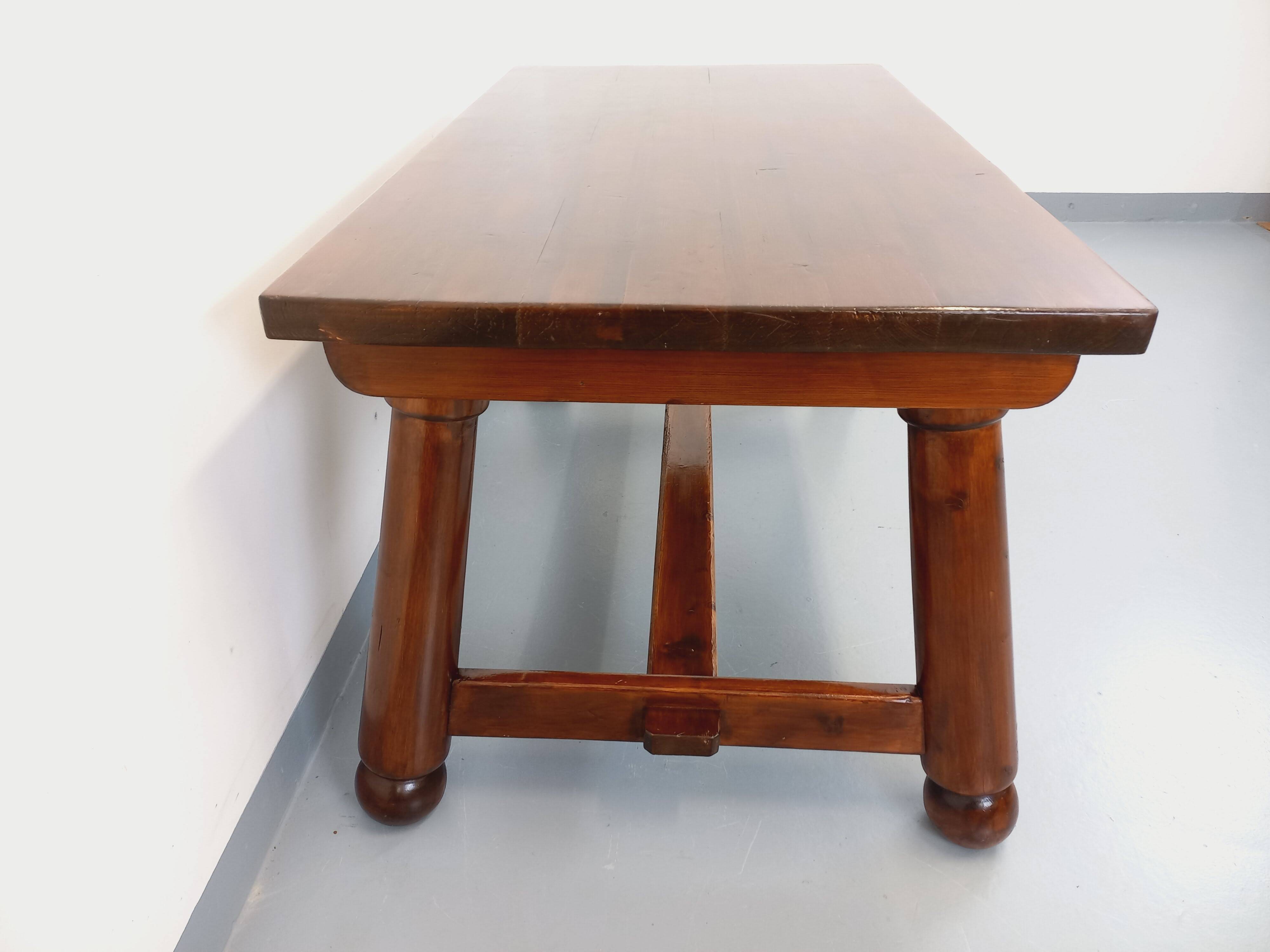 Brutalist rectangular dining table by Georges Robert in pine wood.
