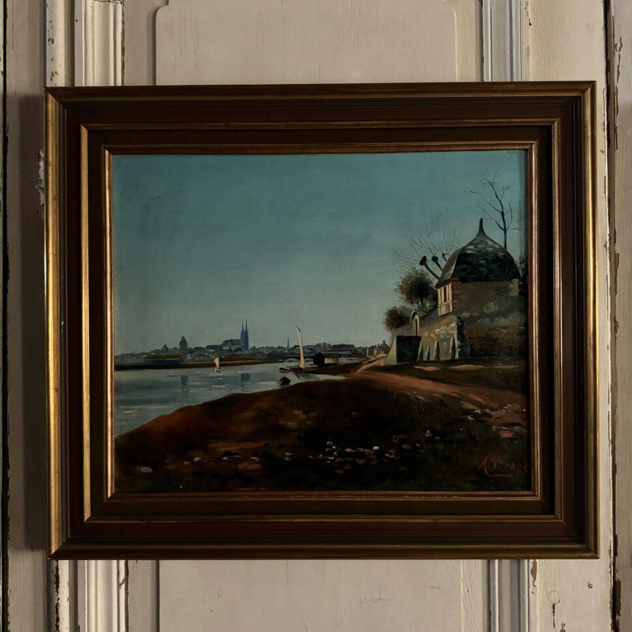 Oil on canvas riverside late 19th century monogram AT
