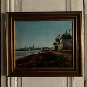 Oil on canvas riverside late 19th century monogram AT