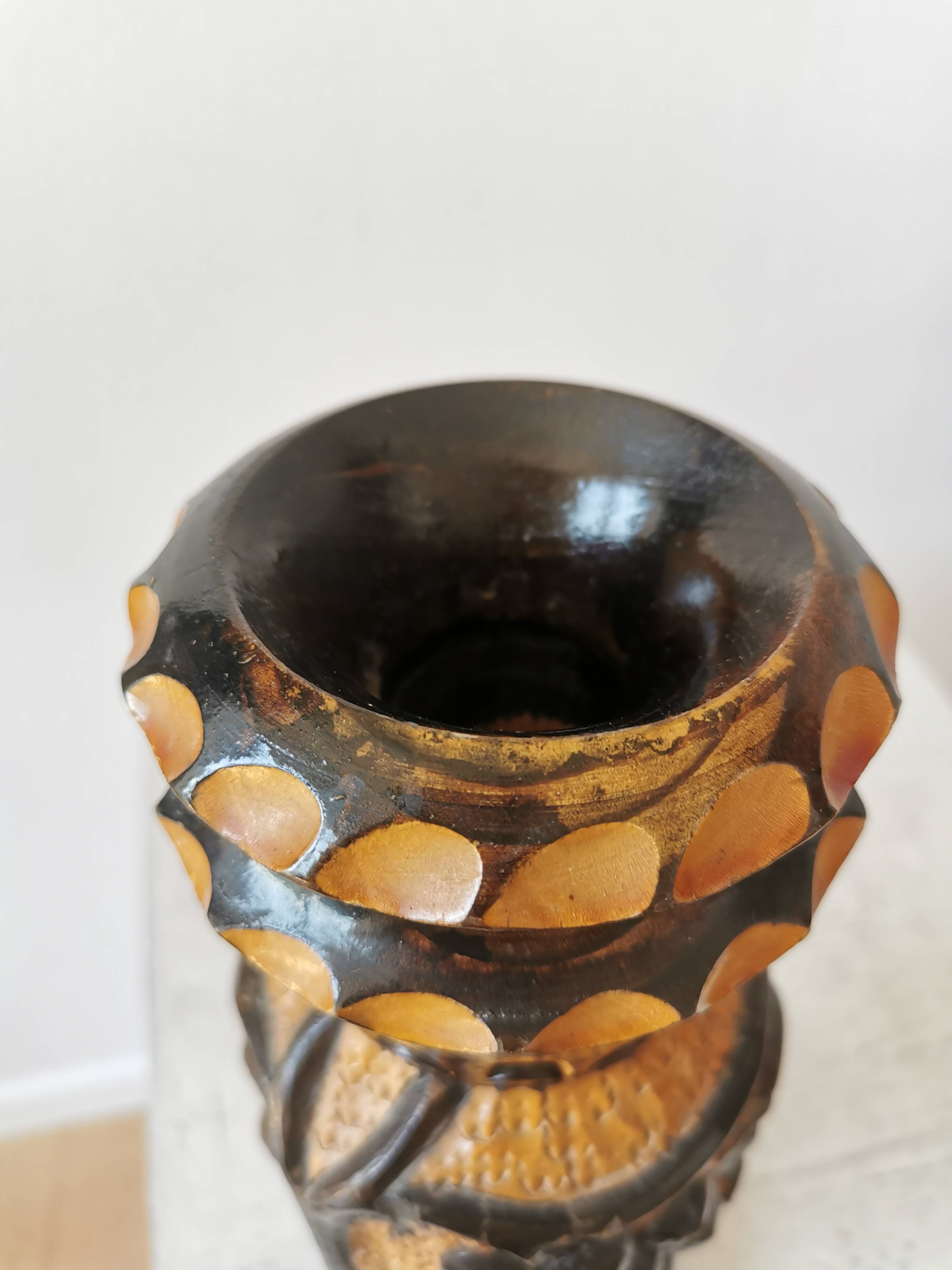 Vintage Hand Carved Wooden Vase: Grapevine Motif, 1970s Yugoslavia