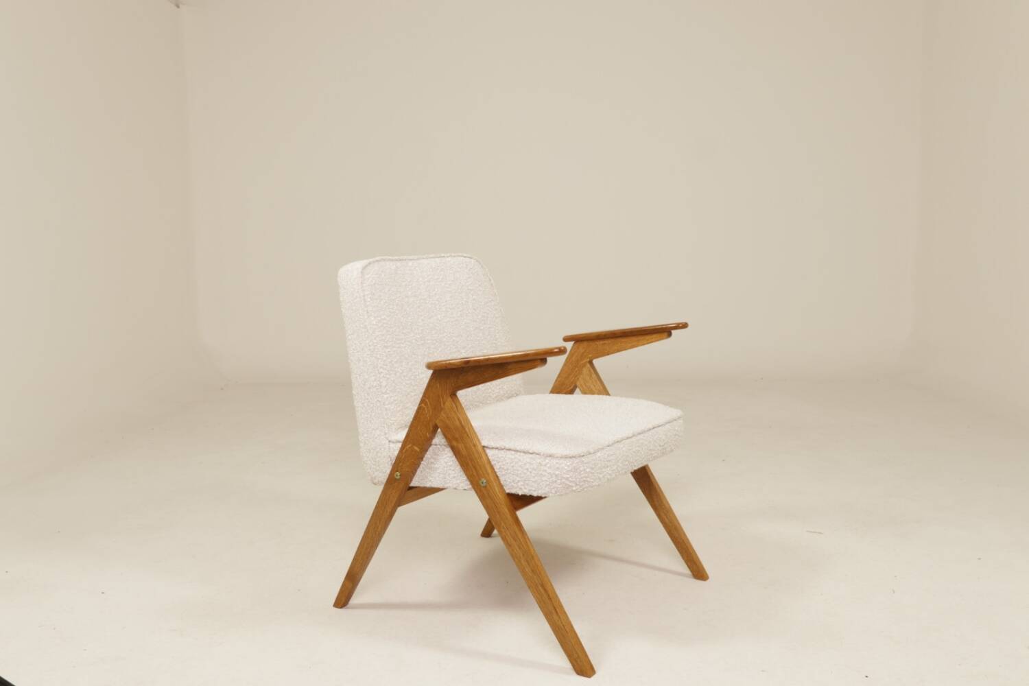 Vintage armchair rustic oak pearl bouclé concluded by Chierowski