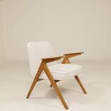 Vintage armchair rustic oak pearl bouclé concluded by Chierowski