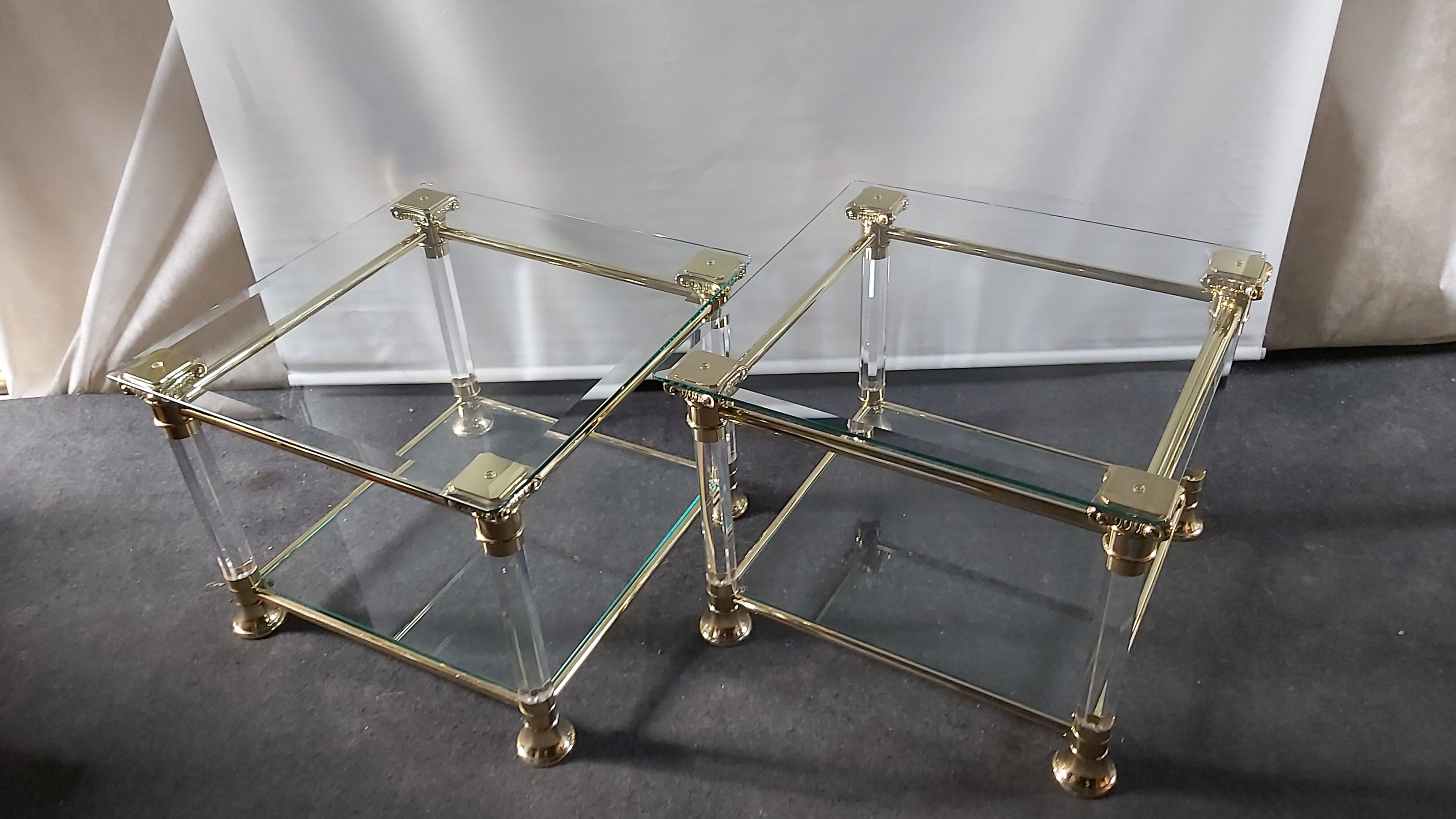 Pair of tables in brass, acrylic and glass