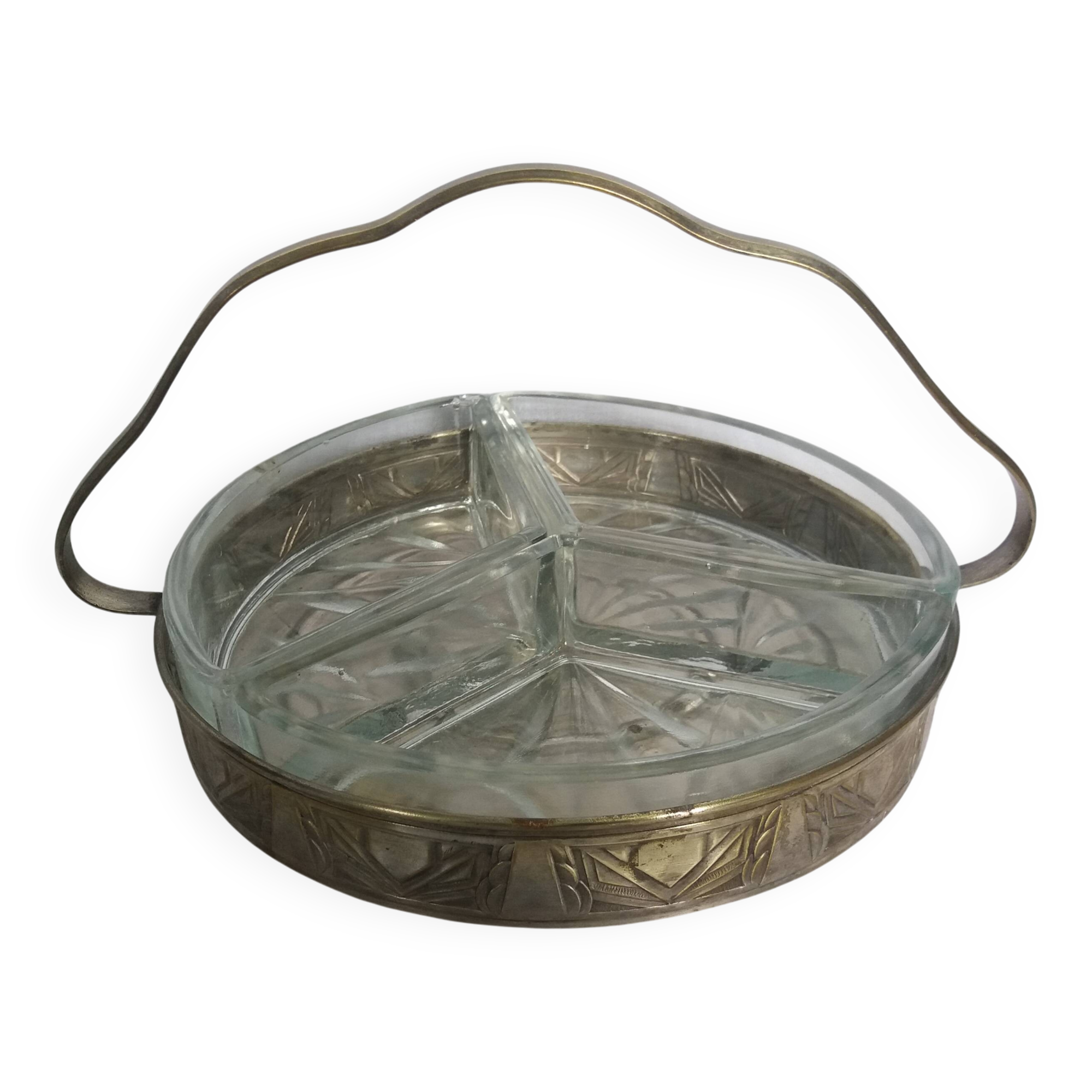 Aperitif platter, metal server and glass ramekins, Art Deco